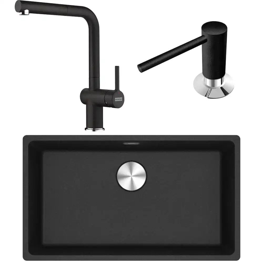 Franke Maris MRG 110-72 Granit Evye + Active Plus Doccia 2.0 Armatür + Sıvı Sabunluk (Nero) Hemen Al