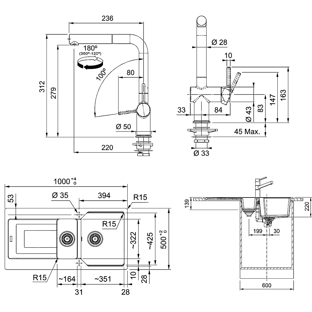 Franke Urban Ubg 651-100 1,5 Gözlü Granit Evye + Active Plus Doccia 2.0 Armatür (Nero) Hemen Al
